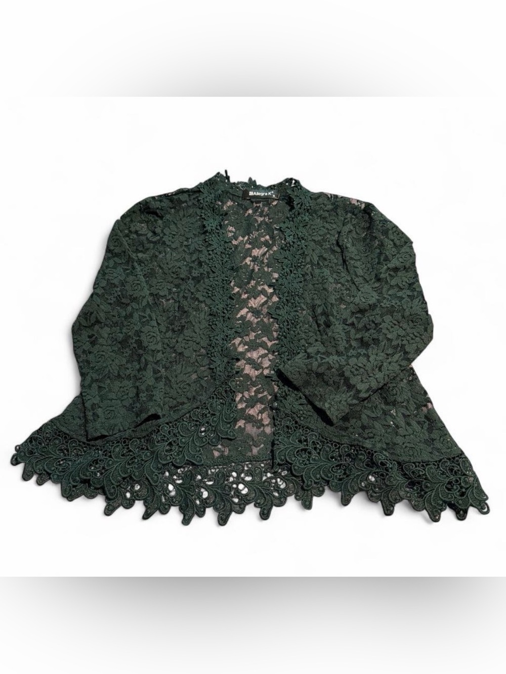 Allegra K Dark Green Lace Open-Front Cardigan